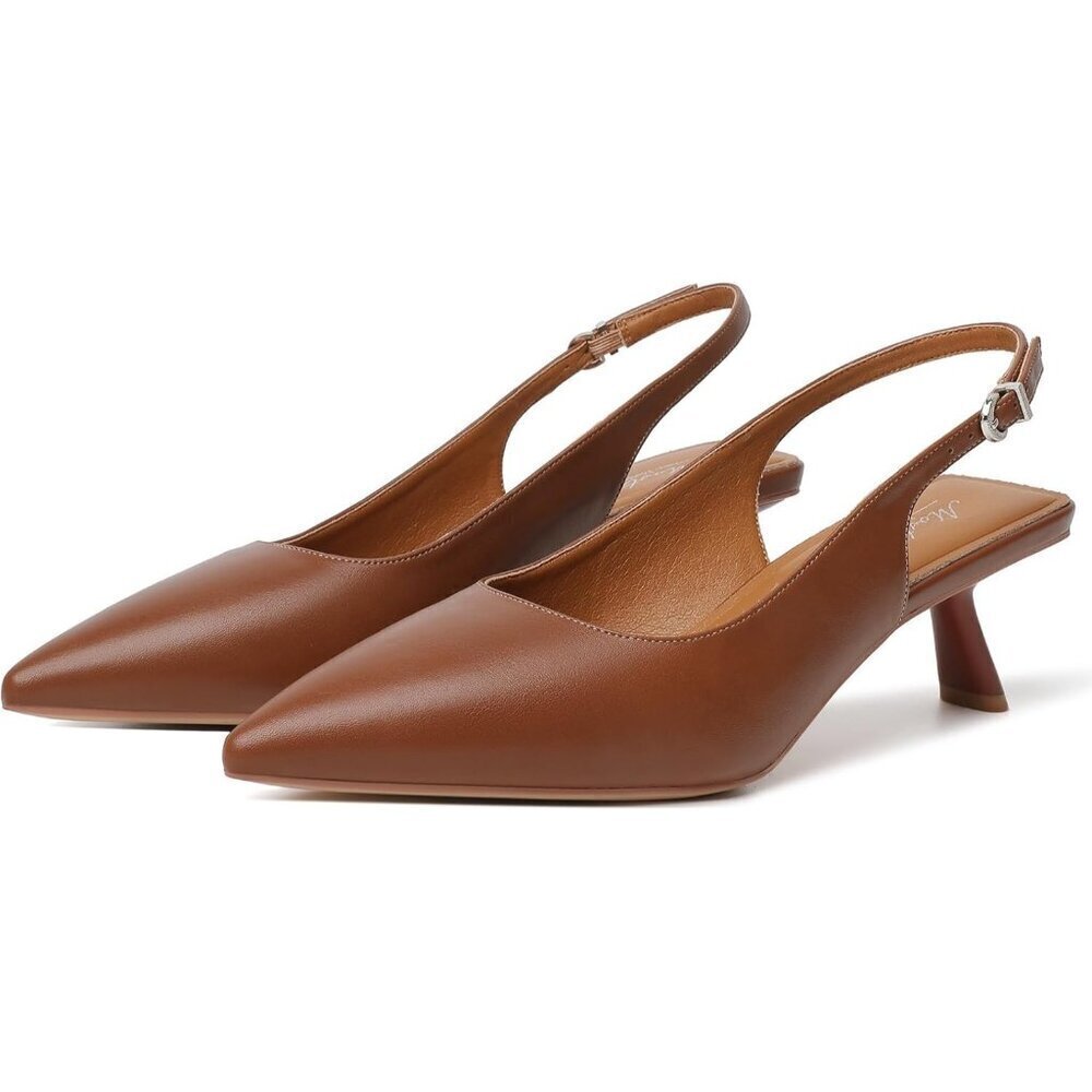 Women's Brown Pu Pointed Toe Pumps Patent Leather Slingback Heels With Buckle - Picture 9 of 9